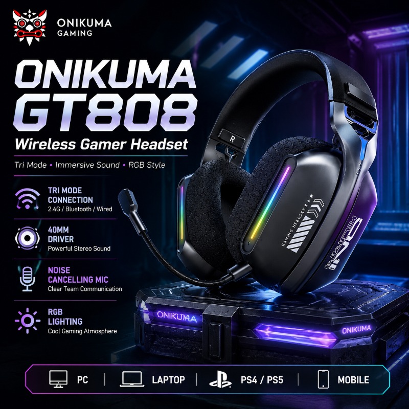 Gaming Headset Rgb - ONIKUMA GT808 Headset Gaming Nirkabel Tri